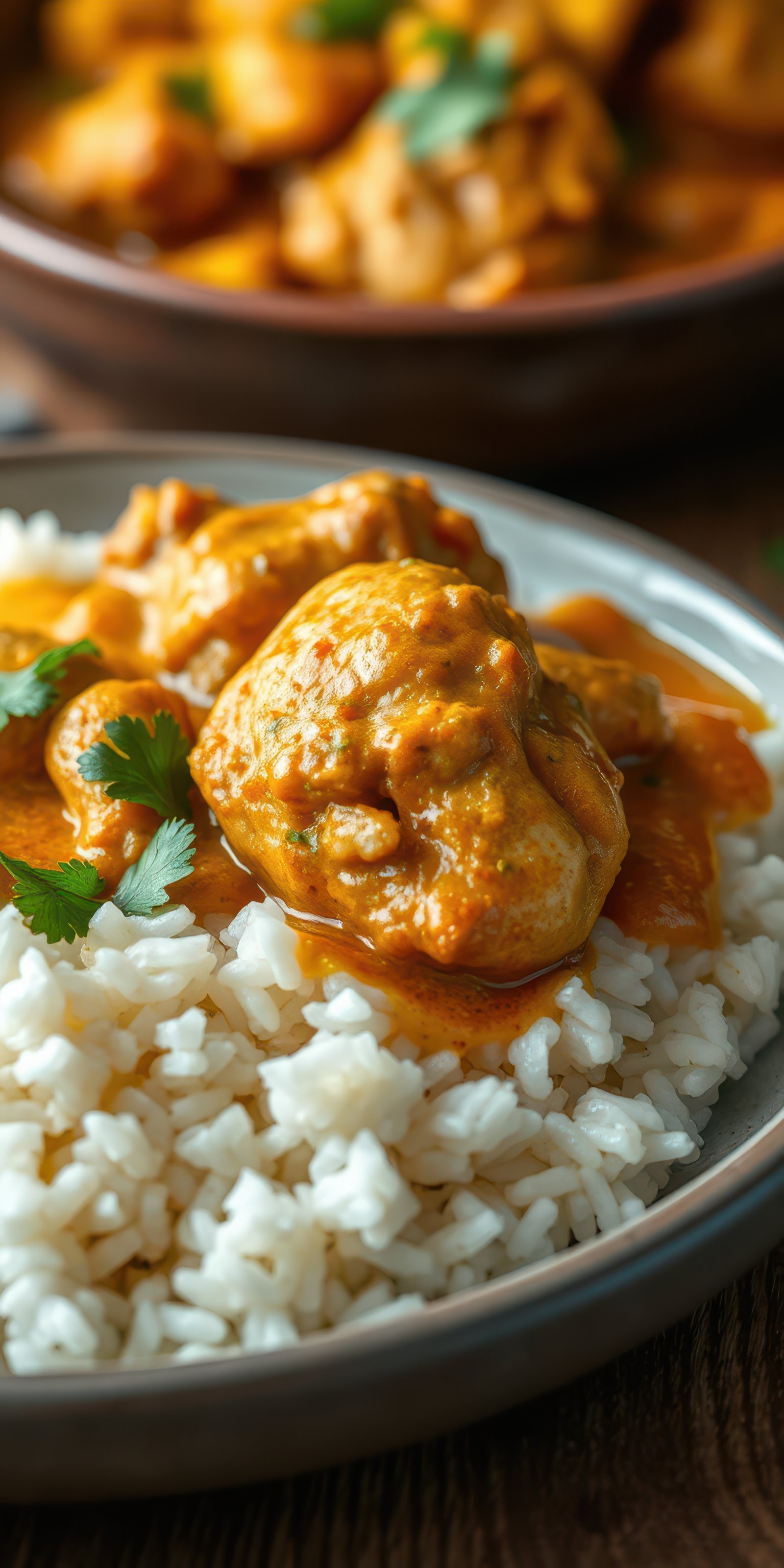 Delicious curry chicken served over fluffy white rice in a rustic setting